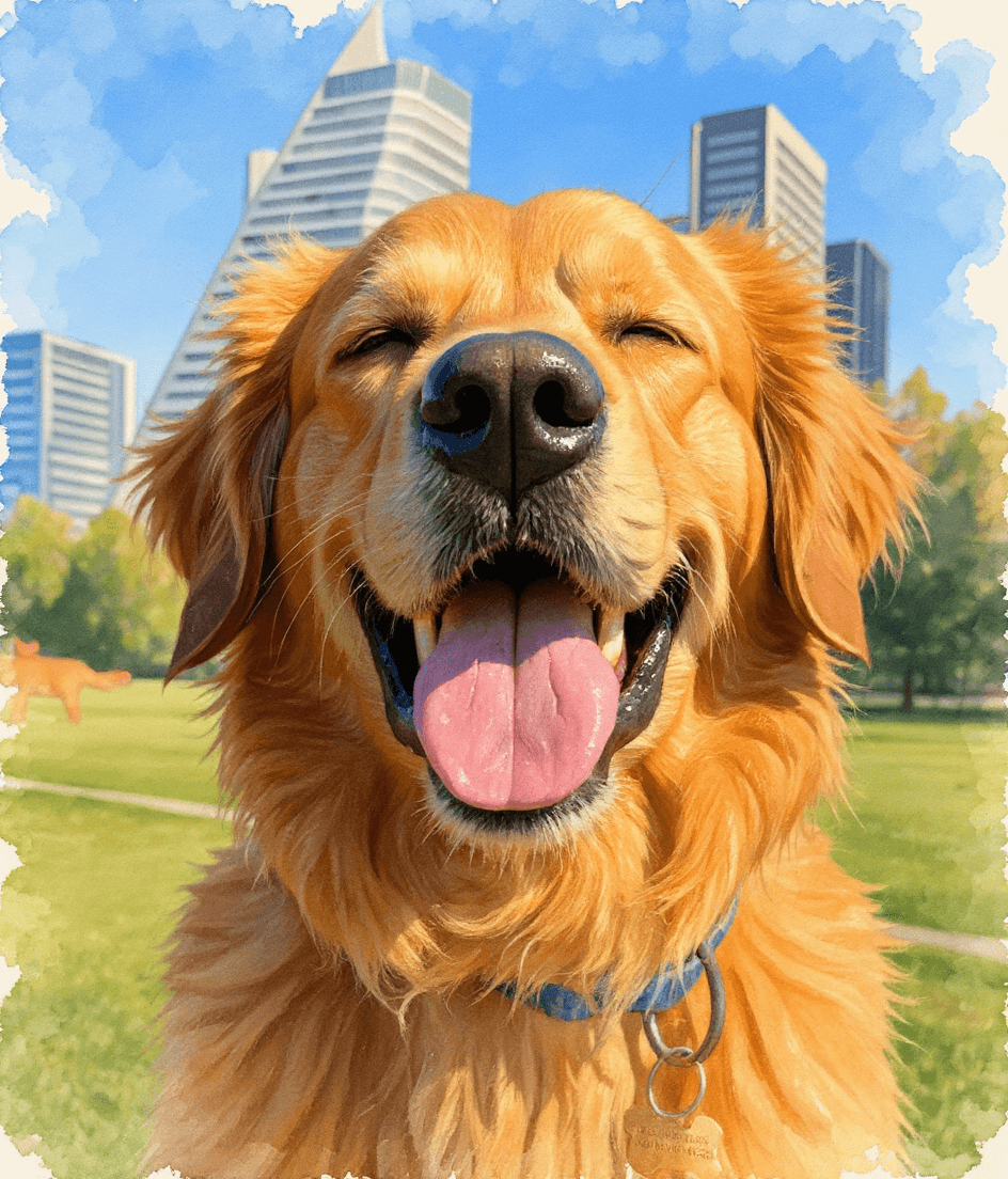 The same golden retriever rendered as a soft watercolor portrait, eyes squinted in joy and tongue out.