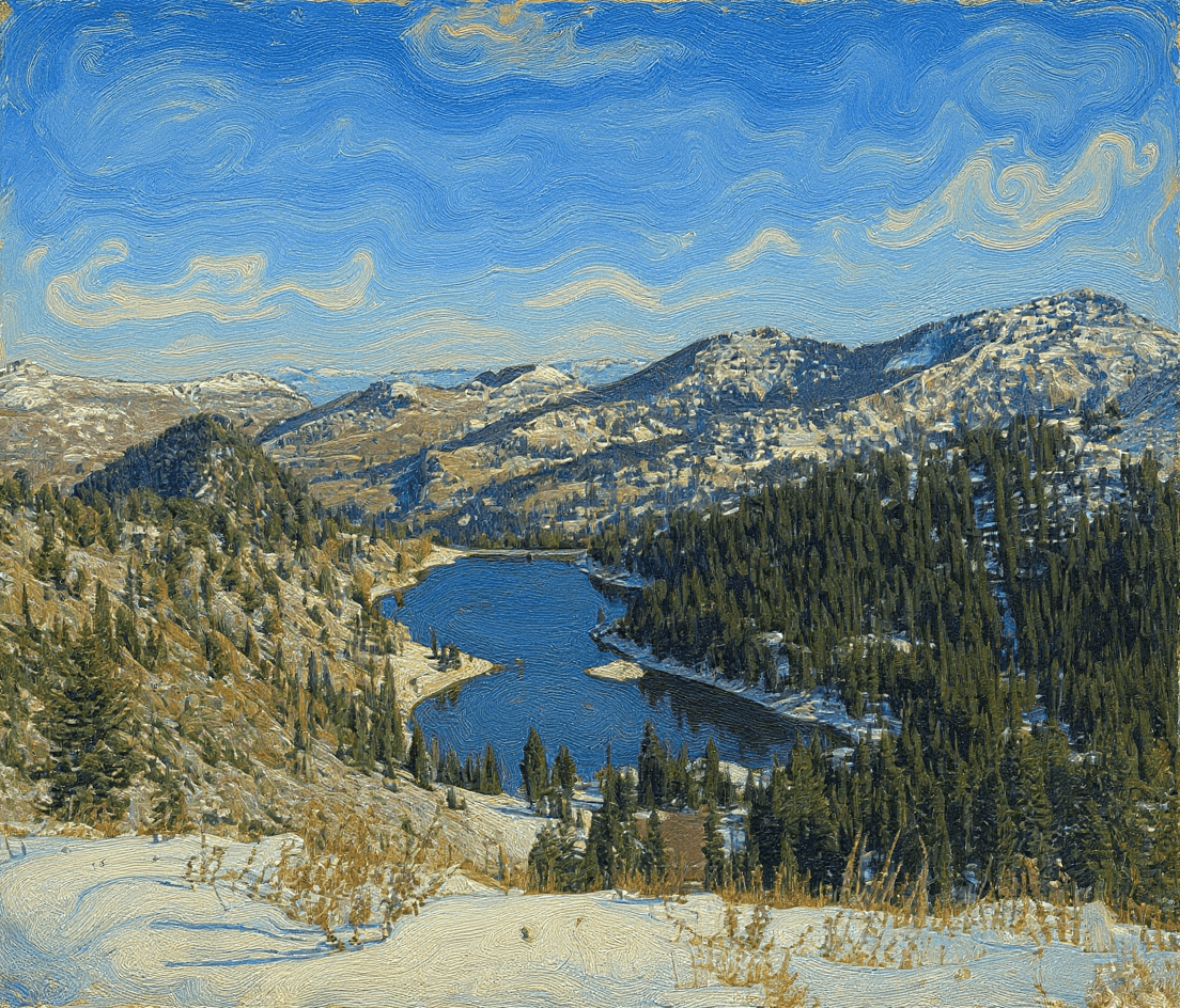 The same alpine lake scene repainted as a loose impressionist oil with visible brushstrokes and a swirling sky.