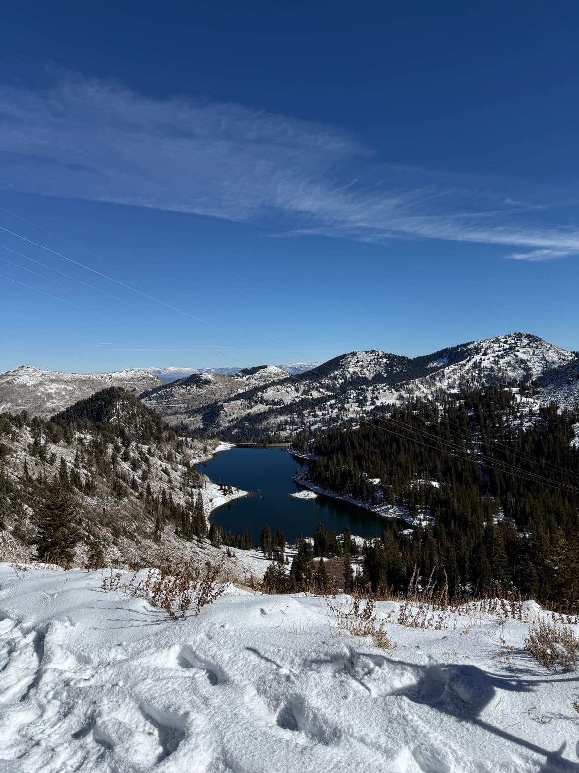 A phone photo of a snowy alpine lake ringed by evergreen forest and mountains.