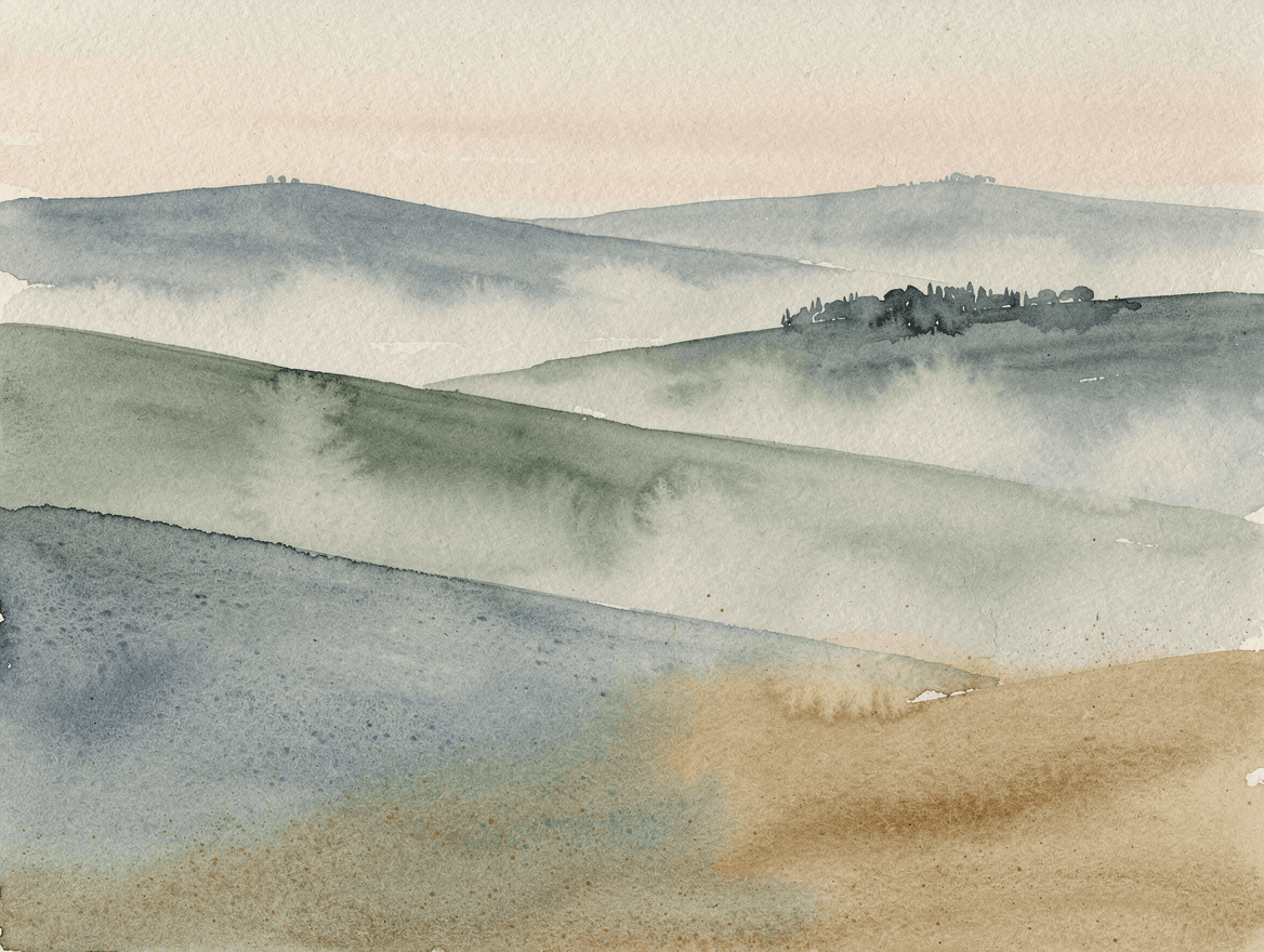 A watercolor landscape of layered misty hills in transparent washes of sage, dusty blue, and warm sand.