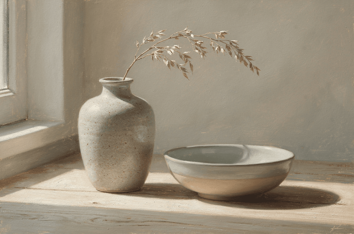 A calm japandi-style artwork in soft neutrals, the kind of quiet piece that suits a bedroom wall.